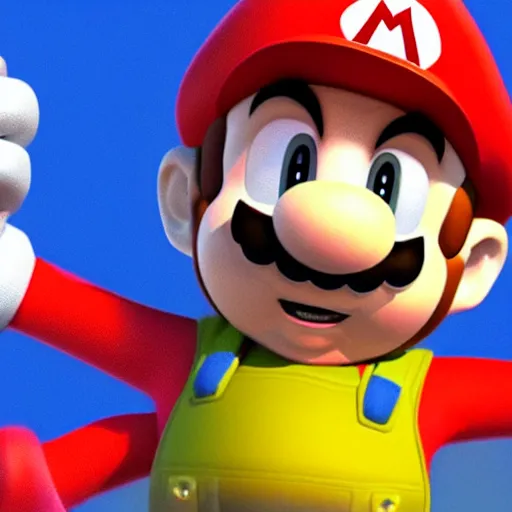 Image similar to a 3 d render of mario wearing a sonic suit, blue spiky hair