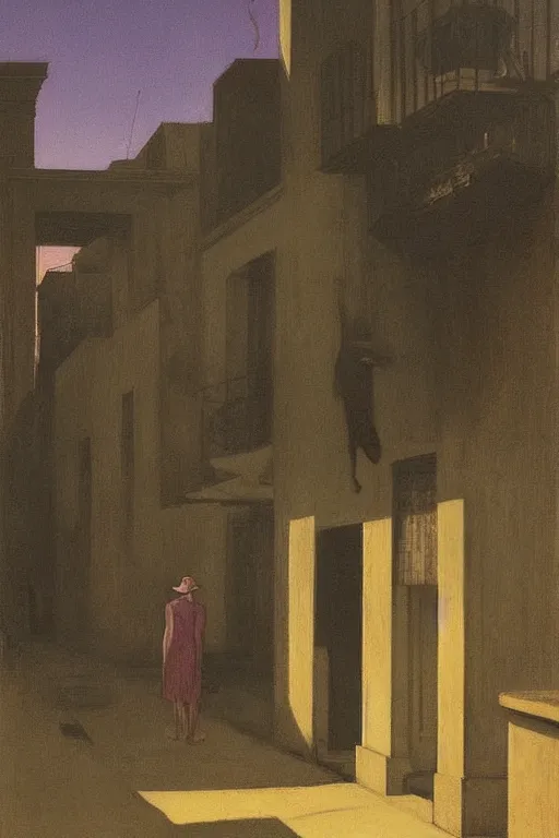 Image similar to eerie tel aviv street mystery at dusk, colorful film noir scene. by moebius, giorgio de chirico, edward hopper