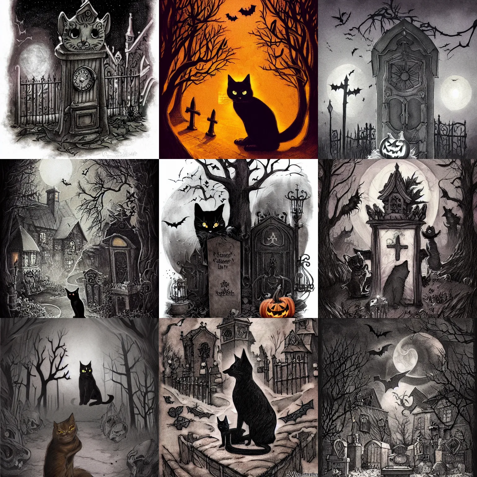 Prompt: halloween tattoo on white paper by anton pieck, black cat in graveyard at midnight, intricate, extremely detailed, digital painting, artstation, concept art, smooth, sharp focus, illustration, intimidating lighting, incredible art,