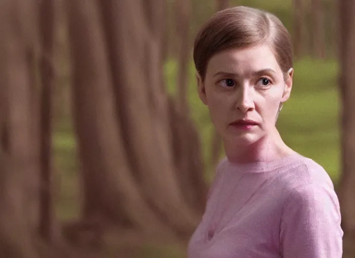 Image similar to cinematic mid shot of a high detail, refined woman's face looking off camera. fine facial features. she stands in an empty, pastel colourful 3 d, forrest scene, by jeffrey smart and gregory crewdson and edward hopper, inspired by the grand budapest hotel