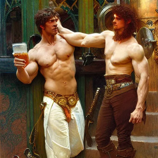 Image similar to attractive muscular arthur pendragon and muscular attractive merlin go to a pub together to have some drinks. highly detailed painting by gaston bussiere, craig mullins, j. c. leyendecker, alphonse mucha 8 k