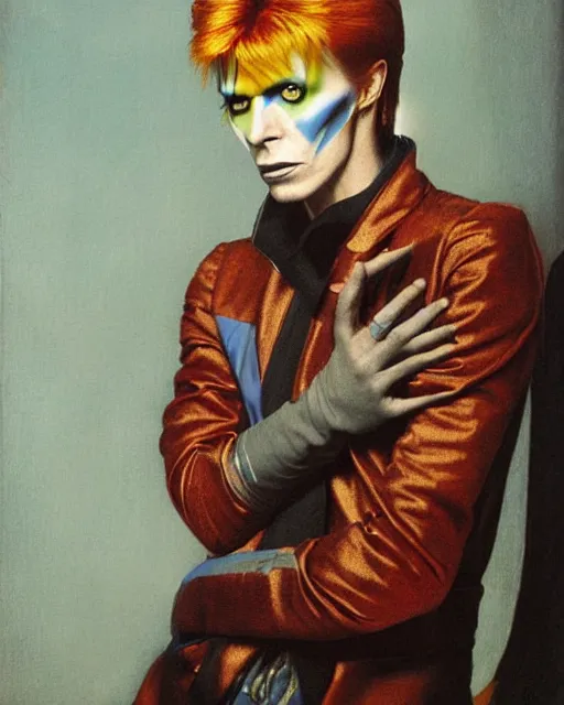 Prompt: a detailed portrait of david bowie as ziggy stardust by jean auguste dominique ingres, hyperrealism