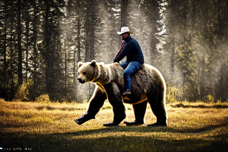 Image similar to man riding bear, XF IQ4, 150MP, 50mm, f/1.4, ISO 200, 1/160s, natural light, Adobe Photoshop, Adobe Lightroom, DxO Photolab, polarizing filter, Sense of Depth, AI enhanced, HDR