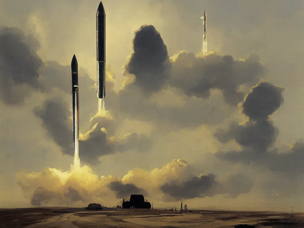 Prompt: a painting of a scifi rocket by peter ilsted