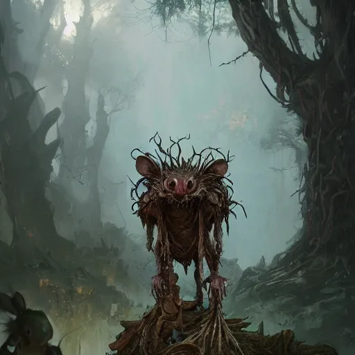 Image similar to a rat creature, in the shape of a ent, corpses and many rats around, by greg rutkowski, trending on art station, highly detailed, magic the gathering, matte painting