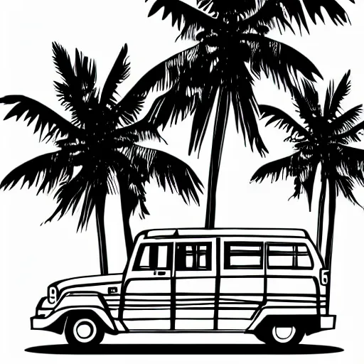 Image similar to stylized vector graphic of a philippines jeepney, palm tree, philippines sun and filipino girl wearing traditional clothes, white background, trending on artstation