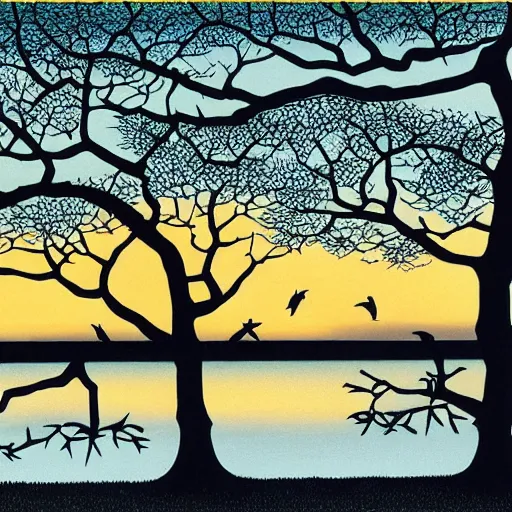 Image similar to birds on cherry tree, Changelingcore, serene, graceful, sunset photo at golden hour, Kodachrome, digital painting by M. C. Escher