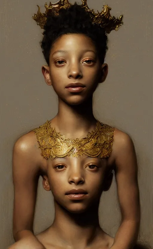 Prompt: portrait willow smith, gold crown barechest, intricate, elegant, highly detailed, artstation, concept art, sharp focus, ruan jia, jurgens, orientalism, bouguereau