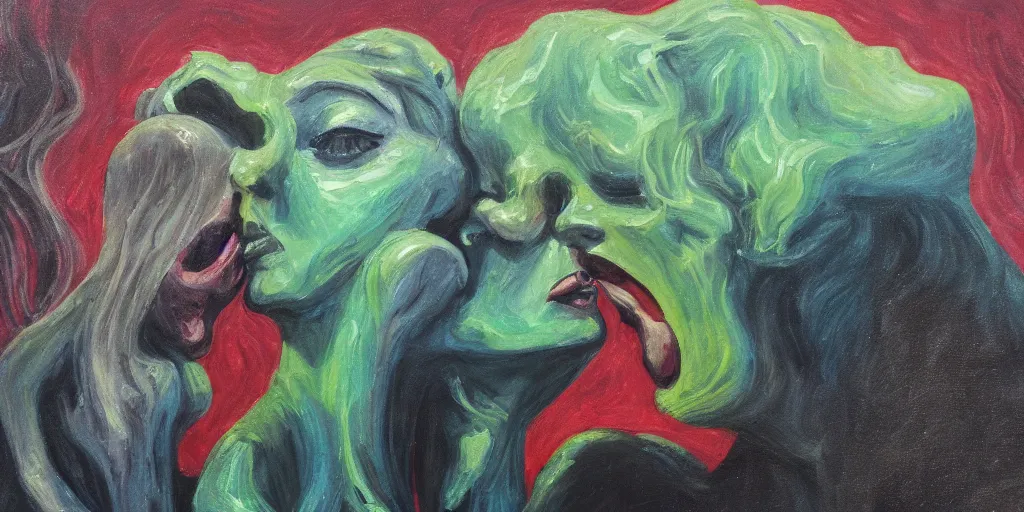 Prompt: Lovecraftian lesbian couple kissing, oil painting, 4k