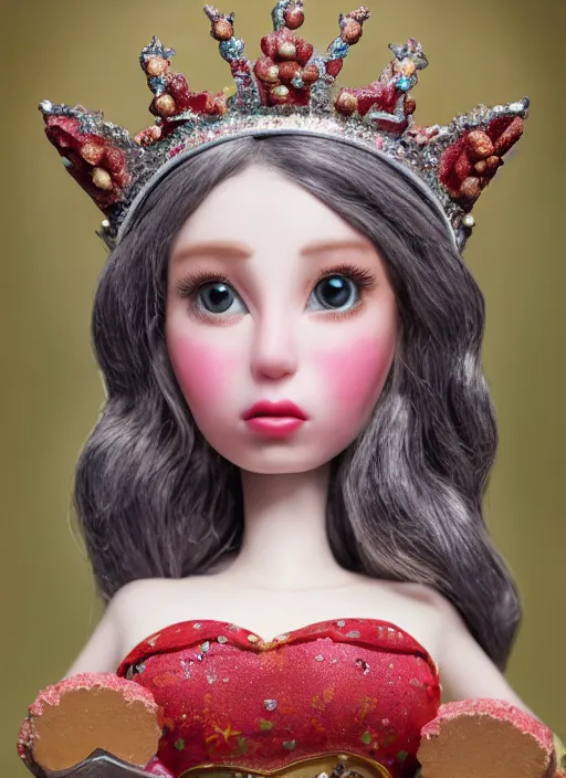 Prompt: closeup face profile portrait of tin toy fairytale princess wearing a crown eating cakes, bikini, depth of field, zeiss lens, detailed, symmetrical, centered, fashion photoshoot, by nicoletta ceccoli, mark ryden, lostfish, breathtaking, 8 k resolution, extremely detailed, beautiful, establishing shot, artistic, hyperrealistic, octane render