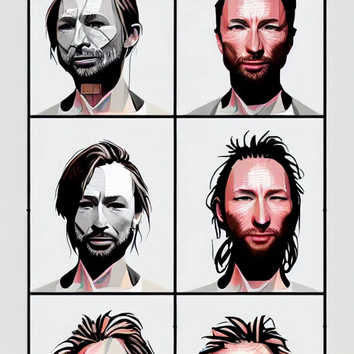 Prompt: versions sprite sheet of variations, hyper realistic, many variations of thom yorke, face variations, various emotions, various poses, high quality, brush stroke, intricate details, beautiful lighting