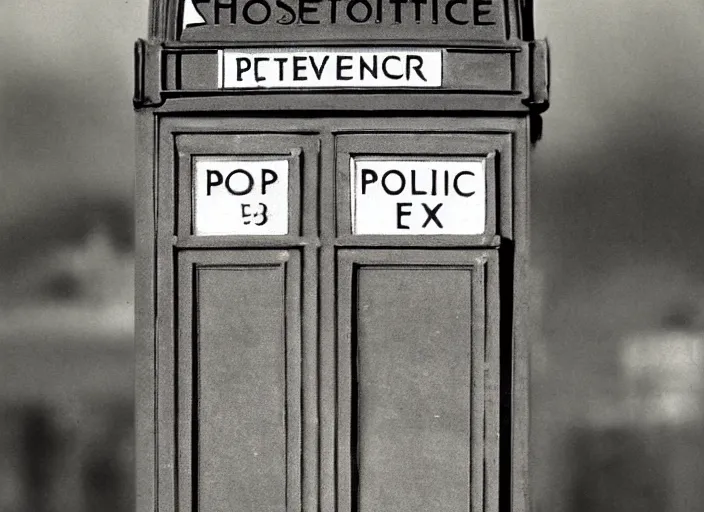 Image similar to photo of a metropolitan police box in suburban london, police box, 1930s, sepia, blurry, faded