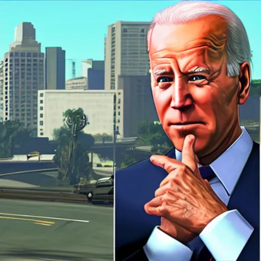 Prompt: Joe Biden in GTA V, cover art by Stephen Bliss, loading screen, boxart