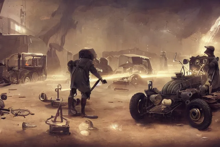 Image similar to repairing a vehicle on a machine world, year 1 9 1 4, artstation