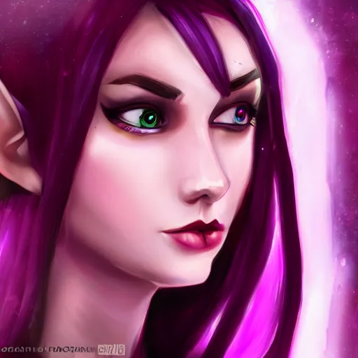 Image similar to portrait of a beautiful female high elf with magenta eyes and dark hair, digital art dnd beyond trending on art station 8 k