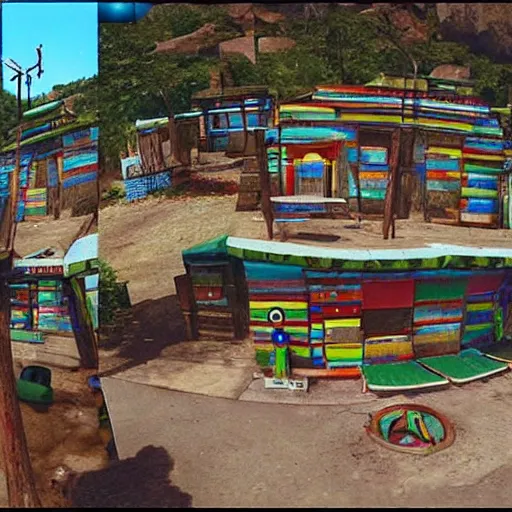 Prompt: “Google street view inside a video game, the houses are made out of bongo drums”