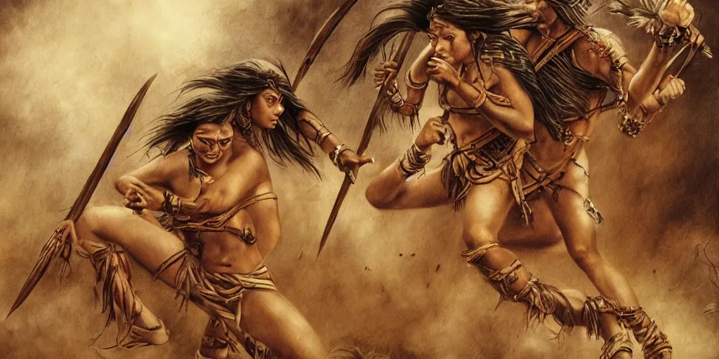 Image similar to movie scene, powerful beautiful aztec and Amazonian warrior females fight, bow, flying arrows, spear, epic camera, vintage, Boris vallejo, sepia, apocalypto