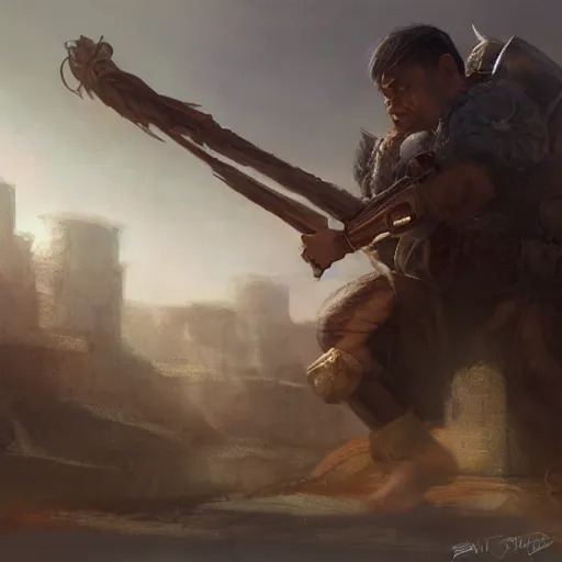 Image similar to side profile of a filipino man sitting on a tank wielding a scepter, highly detailed, d & d, fantasy digital painting, trending on artstation, concept art, sharp focus, illustration, volumetric light, intricate, matte, art by artgerm and greg rutkowski