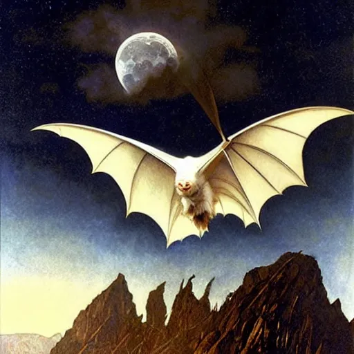 Image similar to hyper realistic white bat, flying against a dark black night sky, mountain in the background, moonlight, denoised, very detailed, painted by james gurney, alphonso mucha, norman rockwell, tom bagshaw