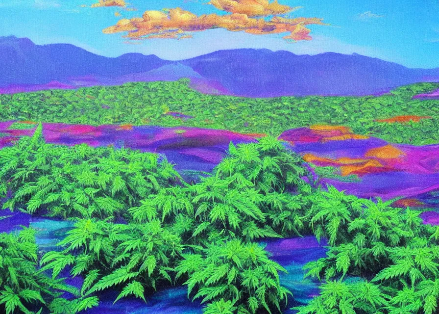 Image similar to beautiful cannabis fields on an alien landscape, colorful oil painting