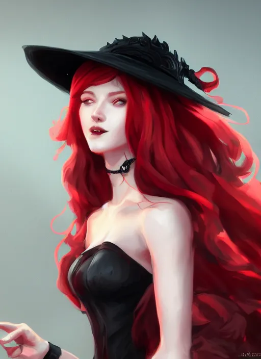 Image similar to a highly detailed illustration of red haired lady wearing black noir dress and black sun hat, dramatic smile pose, intricate, elegant, highly detailed, centered, digital painting, artstation, concept art, smooth, sharp focus, league of legends concept art, wlop.