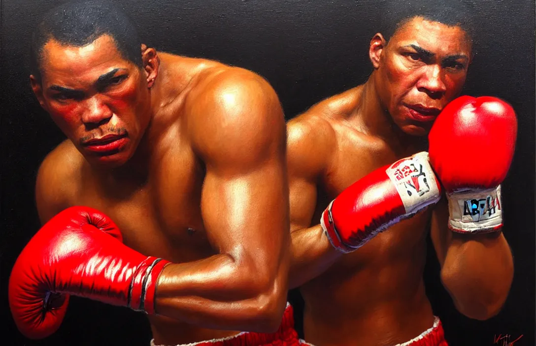 Prompt: an african american boxer with red boxing gloves!!!!!!!!!!!!!!!!!!!!!!!!!!!, detailed face, detailed painting, epic lighting, by ilya repin, phil hale and kent williams
