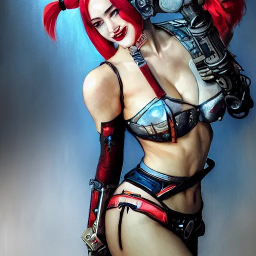 Image similar to a portrait of Harley Quinn in bikini armor, Warhammer 40000, cyberpunk, intricate, elegant, highly detailed, digital painting, trending on artstation, concept art, smooth, sharp focus, illustration, art by Ruan Jia and Mandy Jurgens and Artgerm and william-adolphe bouguereau and greg rutkowski and alphonse mucha