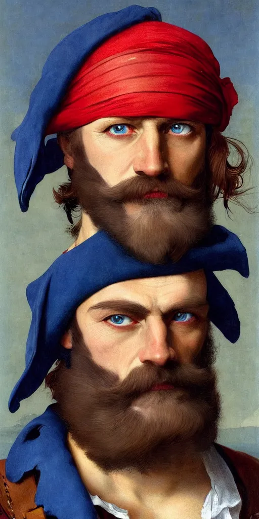 Prompt: detailed portrait of a pirate, red bandana, leather coat, eye patch and a scar on the face, blue eye, white beard, classic portrait composition, classic fantasy illustration, very masterful, by georges de la tour, franck frazzeta