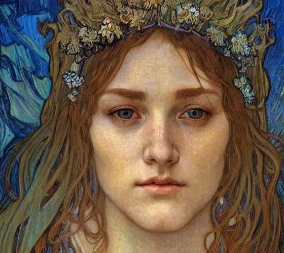 Image similar to detailed realistic beautiful young medieval queen face portrait by jean delville, alphonse mucha, vincent van gogh, and marco mazzoni, art nouveau, symbolist, visionary, gothic, pre - raphaelite