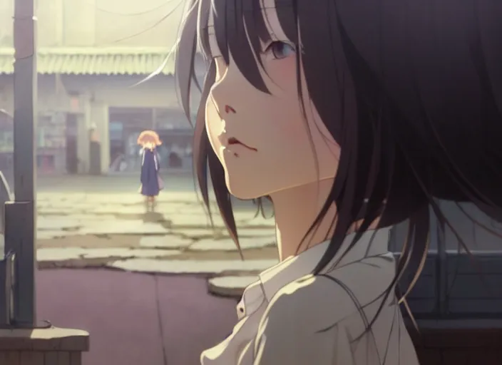 Image similar to a film still portrait of a very beautiful girl, finely detailed features, closeup at the faces, perfect art, at a market, night time,, gapmoe yandere grimdark, trending on pixiv fanbox, painted by greg rutkowski makoto shinkai takashi takeuchi studio ghibli, akihiko yoshida