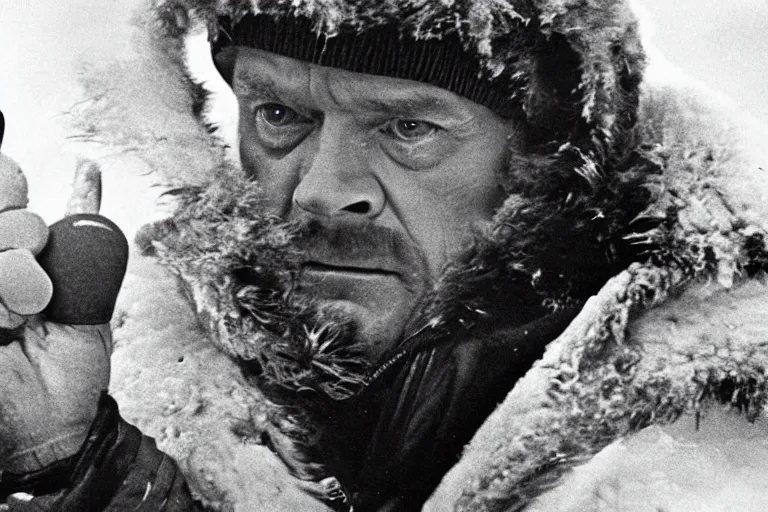 Image similar to Donald Tusk in a still from the movie The Thing (1982) directed by John Carpenter, cold outdoors