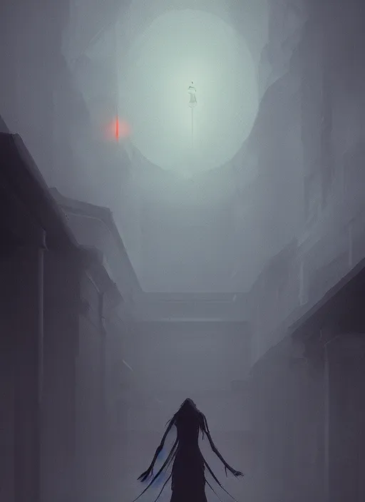 Prompt: character concept, a figure hovering above the ground inside a temple, foggy, atmospheric, fantasy art, sci - fi, alena aenami, digital art