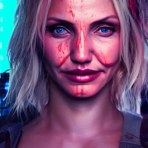 Image similar to cameron diaz portrait, Cyberpunk 2077, cyberpsycho, photorealistic, ultra detailed, neon, octane, bokeh, cyber, cyberpunk city, feature, scars, cyberface, 8k