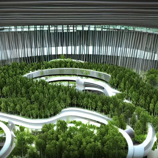 Image similar to futuristic convention centre, ultra modern, photorealistic, organic, forested