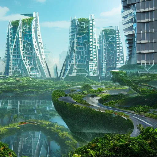 Image similar to a futuristic eco city utopia, plants, buildings, vegetation, ambient, nature, landscape, nature, technology, trending on artstation, deviantart, octane render, unreal engine, high detail, high definiton, ultra realistic, hyper realistic, 4 k, hd