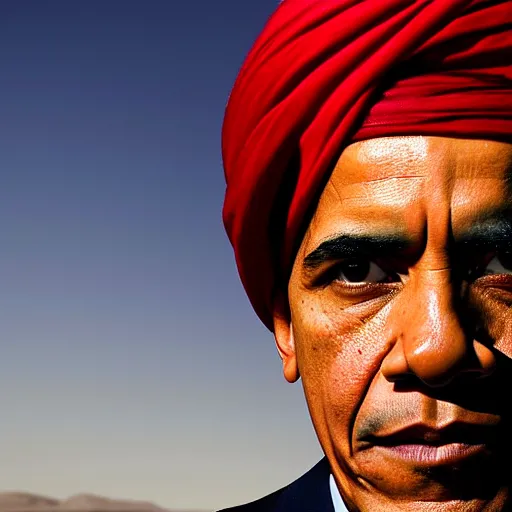 Image similar to portrait of president barack obama as afghan man, green eyes and red turban looking intently, photograph by steve mccurry