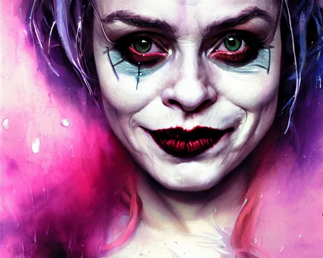 Image similar to highly detailed portrait of helena bonham carter as harley quinn, in batman : arkham knight, stephen bliss, unreal engine, fantasy art by greg rutkowski, loish, rhads, ferdinand knab, makoto shinkai and lois van baarle, ilya kuvshinov, rossdraws, tom bagshaw, global illumination, radiant light, detailed and intricate environment