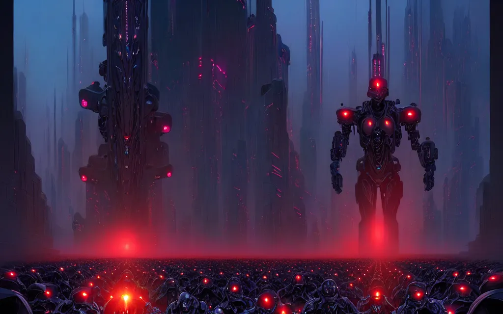 Image similar to a cinematic scene of an army of black cyborg demons by moebius and stephan martiniere and dan mumford, trending on artstation, digital art, 4 k resolution, detailed, high quality, sharp focus, hq artwork, insane detail, cinematic, volumetric lighting, dramatic lighting, epic light, cinematic aesthetic