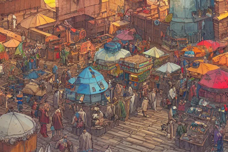 Image similar to a colorful medieval marketplace, Industrial Scifi, detailed illustration, character design, intricate, by Martin Grip and Moebius