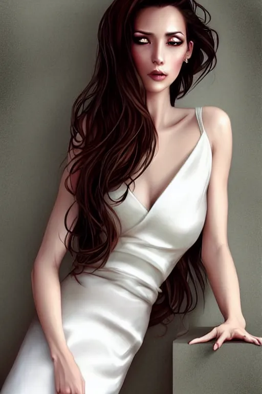 Prompt: Portait of a very very attractive woman with large brown hair in silk white dress, smirking face, femme fatale vibes, intricate, elegant, fantasy, smooth, art by artgerm