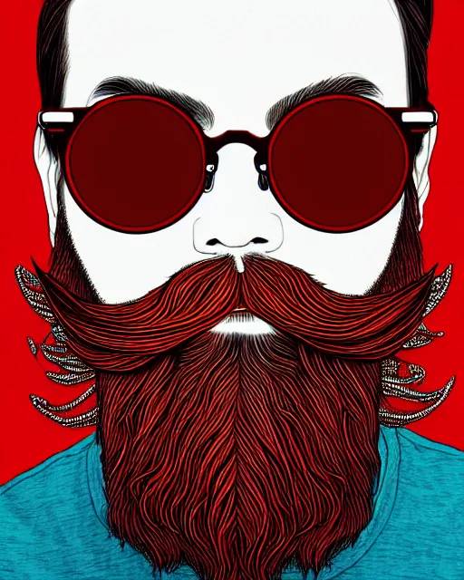 Prompt: detailed hipster skinny man with red sunglasses, long vibrant colored beard, dmt, by james gurney + intricate and vibrant work + portrait + trending on artstation + incredible gothic illustration + exquisite detail