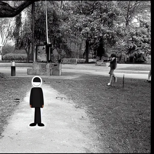 Image similar to slenderman standing in a park where kids are playing, cctv, old picture