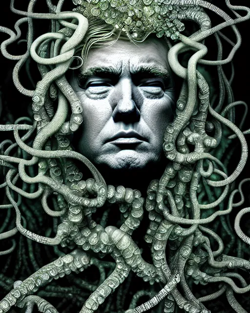 Image similar to surreal mythical dreamy underwater artistic bw photo of donald trump - medusa - cyborg covered with fish scales and algae, highly detailed, intricate crystal ivy jelly fish scales ornate, poetic, octane render, 8 k, photo - realistic, in the style of gustave dore and preraphaelites