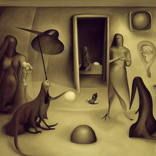 Image similar to group of creatures with distinct personalities, intertwined in an urban hotel room, several mirrors to other dimensions : : surreal architecture, chiaroscuro lighting, mysterious atmosphere : : a beautifully executed oil painting by leonora carrington, hieronymus bosch and james jean, ultra - detailed technical precision : : matte painting, high definition 3 d render, unreal engine