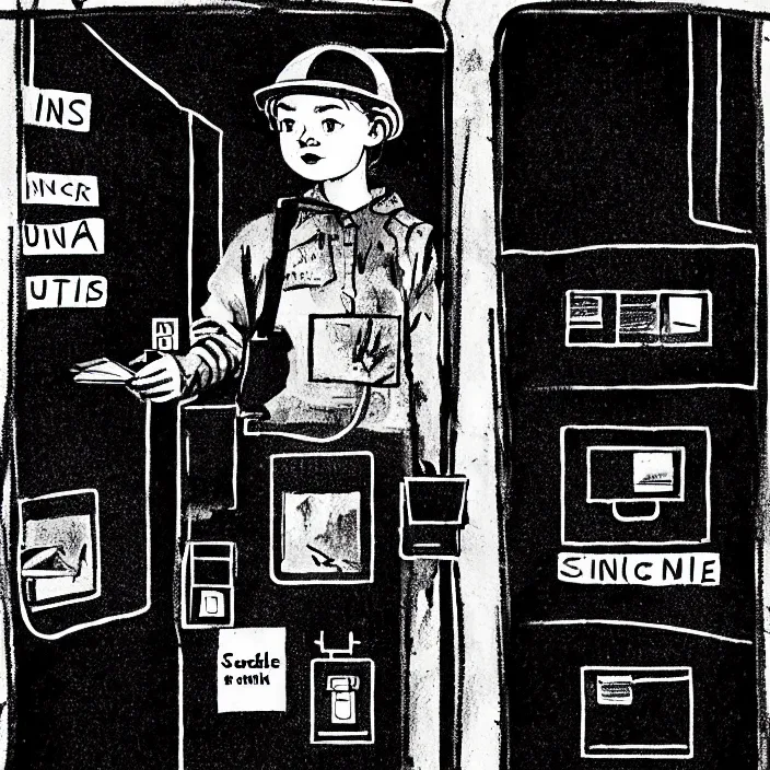 Prompt: sadie sink as a coal miner : inserts a card into a slot. inside a minimalist dirty automated kiosk. bright tasty food options displayed on a wall. black tiles on walls. a seat and table. black and white, pencil and ink. by gabriel hardman, joe alves, chris bonura. cinematic atmosphere, detailed and intricate, perfect anatomy