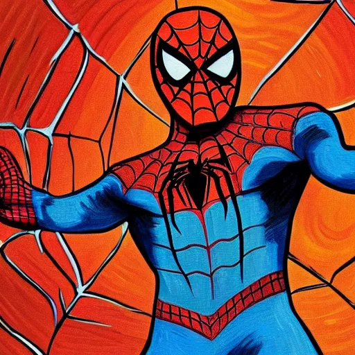 Image similar to a van gogh style painting of spiderman, 4 k, award winning, highly intricate