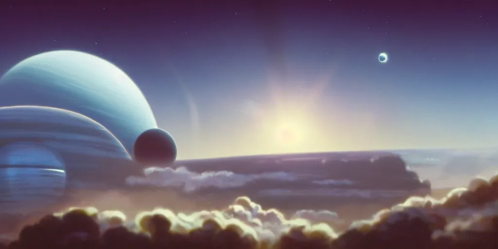 Image similar to blue dreamy cloudscape with a single planet in the clouds, ringed planet, daylight, cinematic lighting, cinematic perspective, syd mead, john harris, federico pelat,