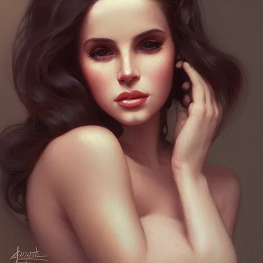 Prompt: portrait of lana del rey, intricate, elegant, highly detailed, digital painting, artstation, concept art, smooth, sharp focus, illustration, art by artgerm and greg rutkowski and alphonse mucha and william - adolphe bouguereau