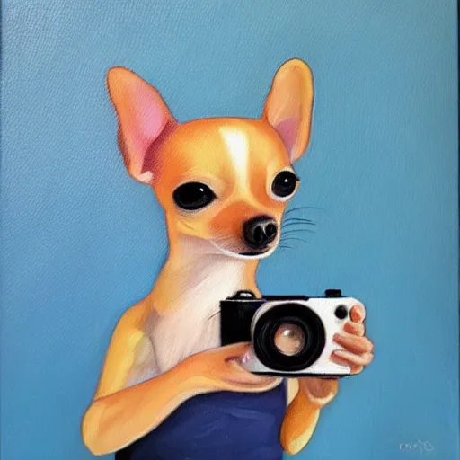 Prompt: chihuahua holding a camera, oil painting