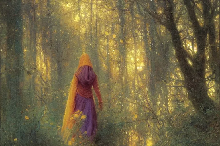 Image similar to illustration of a woman in a yellow hooded sweatshirt walking through a tangled forest in the astral plane. art by gaston bussiere.